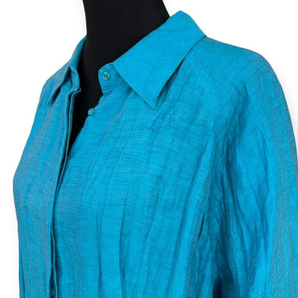 Peter Nygard | 1X | Turquoise Blue Linen Blend Crinkle Button-Down Tunic Shirt - Picture 4 of 8